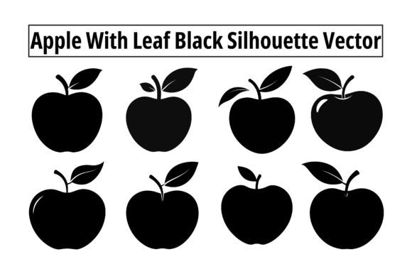 Apple With Leaf Black Silhouette Vector Graphics for Print Templates