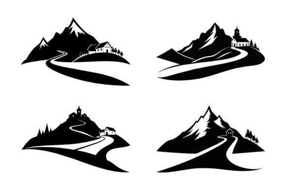 Black Silhouette Mountain with Village Graphics
