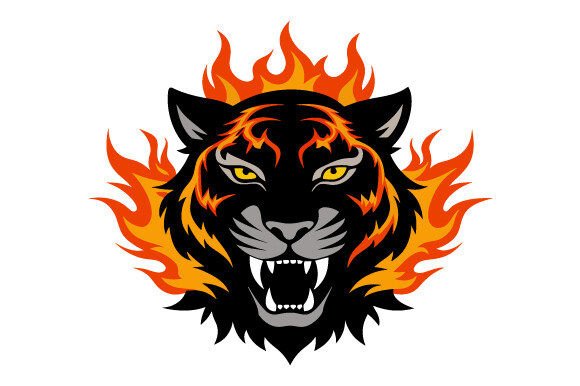 Black Silhouette on Fire Tiger Face Logo: A Graphic Design Asset for Print Templates