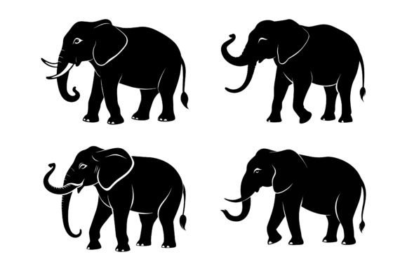Elephant Head Black Silhouette Set Graphics for Print Templates