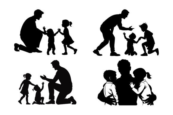 Father Playing with His Children Black Silhouette Graphics
