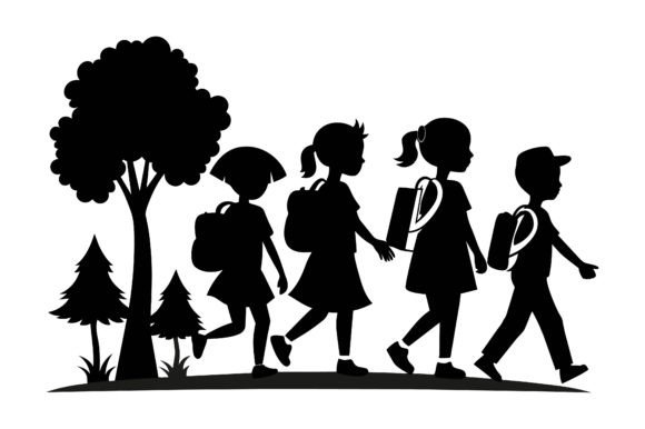 Kids Going to School Black Silhouette Graphics for Print Templates