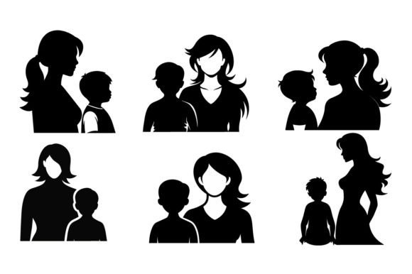 Mother and Child Black Silhouette Vector Graphics for Print Templates