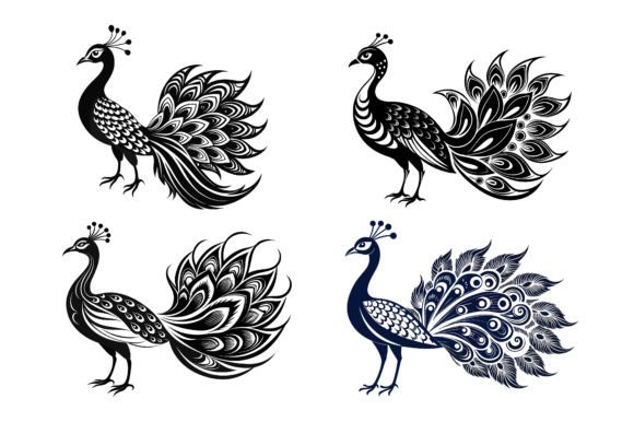 Peacock Line Art Silhouette Set Graphics for Print Templates