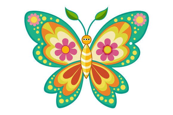 Retro Glitter Flower Butterfly Clipart Graphic